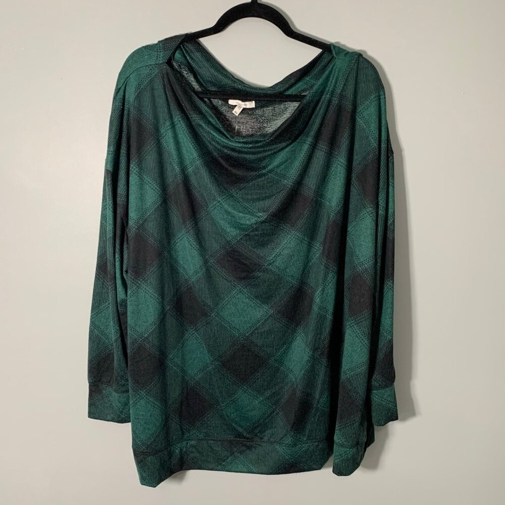 NEW Maurices Cowl Neck Top Women 4X Green Black Plaid Long Sleeve Stretch Knit
